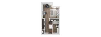 a floor plan of a studio apartment with a bedroom and a living room