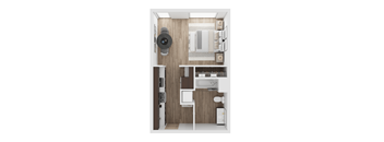 a stylized floor plan of a small apartment with a bedroom and living room