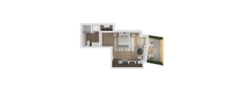 a stylized floor plan of a house with a bedroom and a bathroom