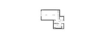 A floor plan of a house with a living room, kitchen, bathroom, and entry way.