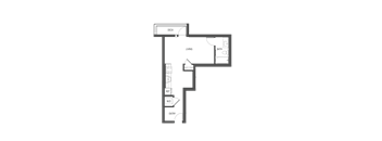 A floor plan of a house with a deck, living room, bathroom, and a workspace.