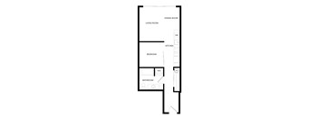 A floor plan of a small apartment with a living room, dining room, kitchen, bedroom, bathroom, and two washrooms.