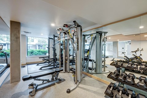 A gym with a variety of equipment including weights and machines.