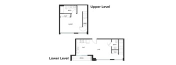 A floor plan shows a lower level with a patio and an upper level with a home gym.