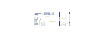 A floor plan of a house with a kitchen, living room, and bathroom.