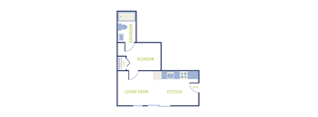 A floor plan of a house with a living room, kitchen, bedroom and bathroom.