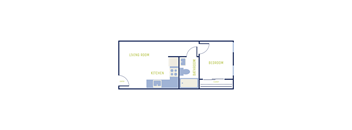 A floor plan of a house with a living room, kitchen, bathroom, and two bedrooms.