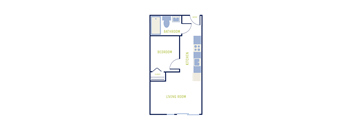 A floor plan of a small apartment with a living room, bedroom, and bathroom.