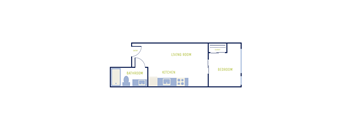 A floor plan of a one bedroom apartment with a living room, kitchen, bathroom and bedroom.