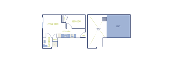 A floor plan of a home with a living room, kitchen, bathroom, and bedroom.
