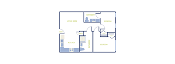 A floor plan of a house with a living room, kitchen, pantry, two bedrooms, and a bathroom.