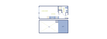 A floor plan of a living room, kitchen, and bathroom.