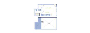 A floor plan of a house with a living room, kitchen, and loft.