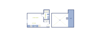A diagram of a house layout with a living room, kitchen, bathroom, and loft.