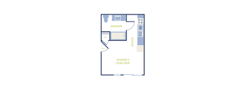 A floor plan of a house with a bathroom and a bedroom and living room.