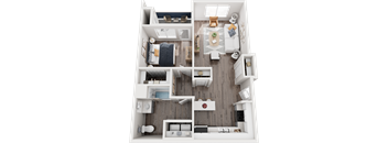 A top-down view of a modern apartment layout with a living room, kitchen, and bedrooms.