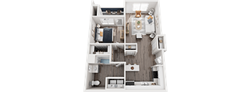 a 3d drawing of a bedroom with a bathroom and a living room