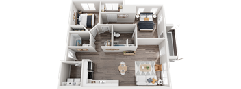 A top-down view of a modern, well-organized apartment layout.