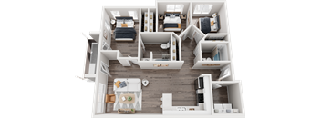 A top-down view of a modern apartment layout with a living room, kitchen, and multiple bedrooms.