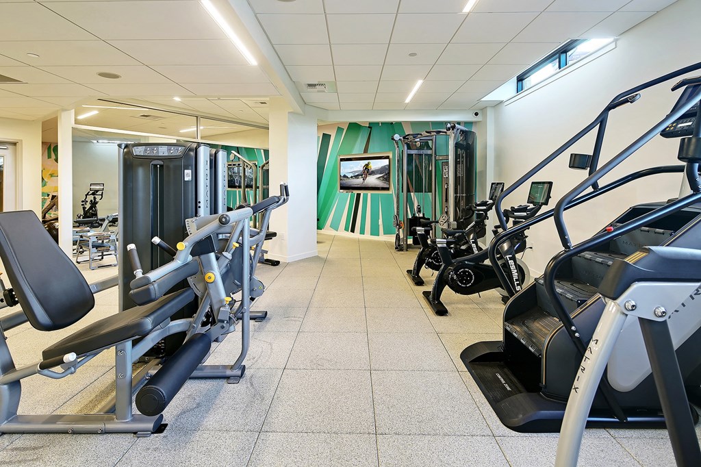 a gym with cardio equipment and weights in a building with green walls
