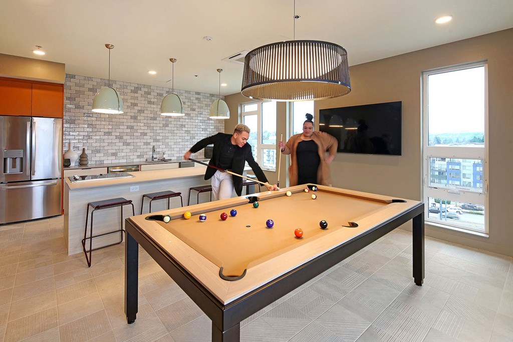 two men playing a game of pool on a billiard table