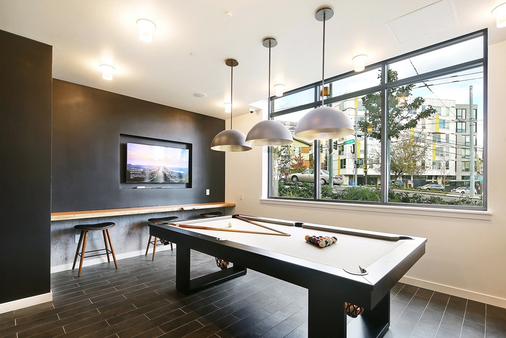 a games room with a pool table and a television