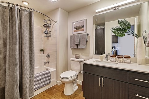 A bathroom with a white toilet, a shower with a grey curtain, and a sink with a mirror above it.
