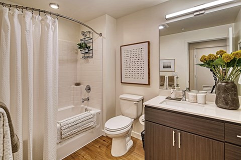 A bathroom with a toilet, sink, and shower.