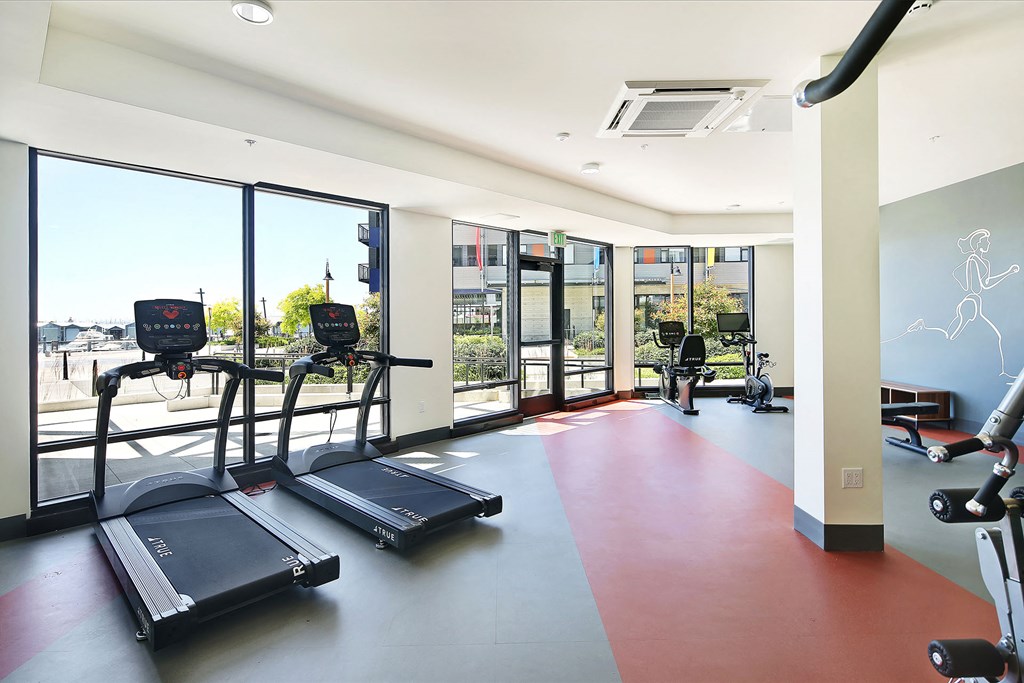 a workout room with treadmills and windows in a building