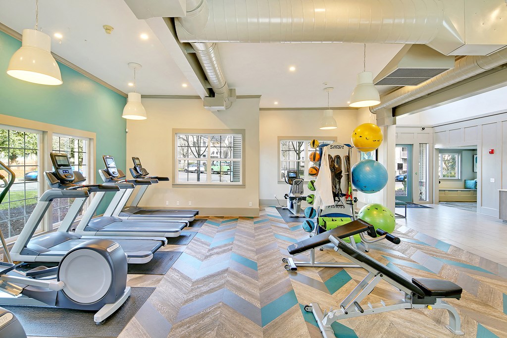 the gym with treadmills and weights at the enclave at woodbridge apartments