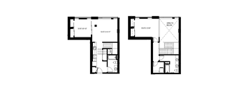 A floor plan of a T-shaped house with two rooms on the left and one room on the right.