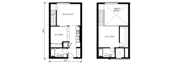 A floor plan of a two-story building with dimensions and room layouts.