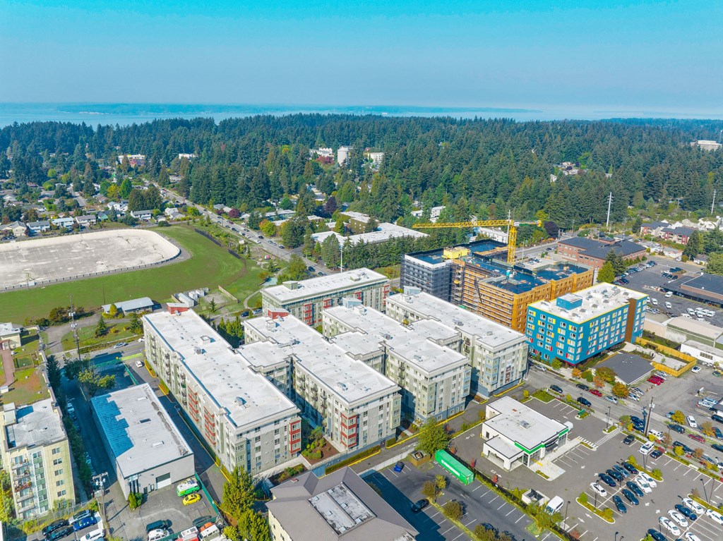an aerial view of a city with buildings and a beach