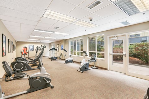 a gym with treadmills and other exercise equipment