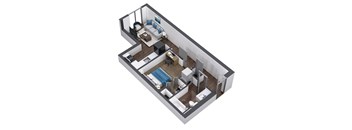 A 3D floor plan of a small apartment with a bedroom, living room, and bathroom.