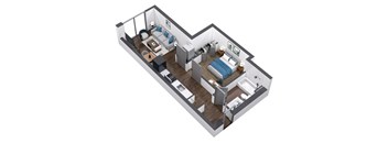 A 3D image of a modern apartment layout with a bedroom, living room, and kitchen.