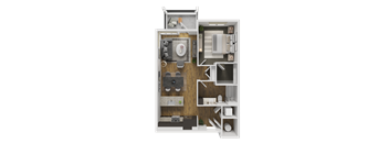 A 3D rendered image of a small apartment layout.