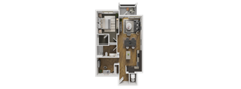 A 3D rendered image of a small apartment layout.