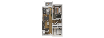 A dollhouse with a white background and a black floor.