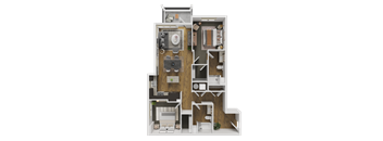 A 3D floor plan of a house with a kitchen, living room, and two bedrooms.