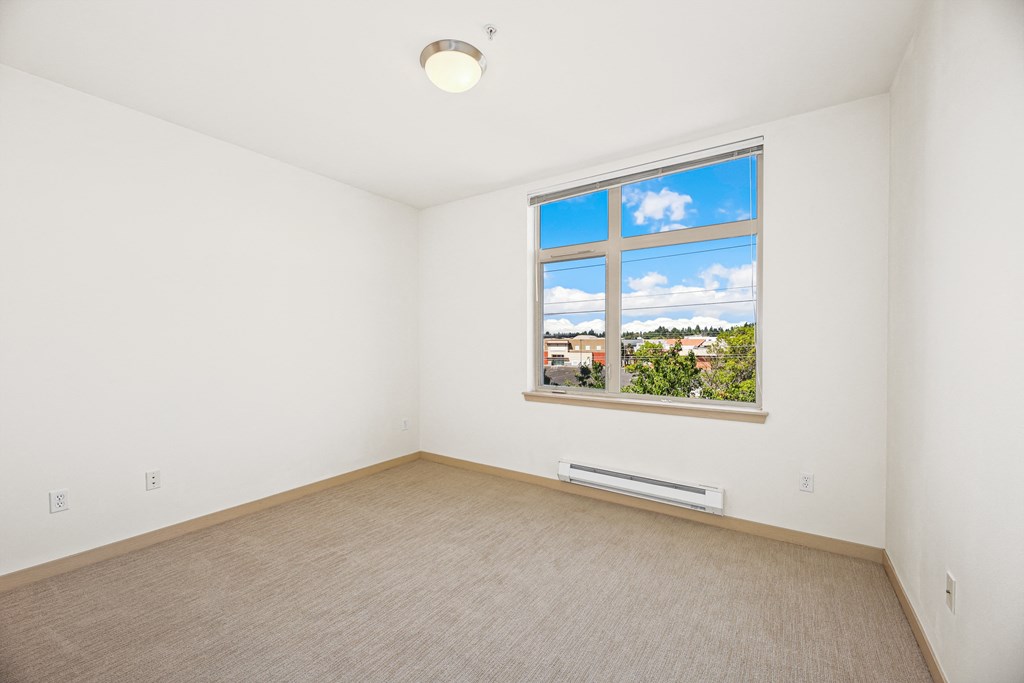 an empty room with a window and a carpet
