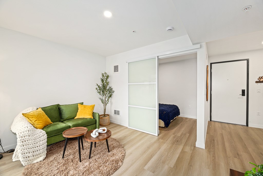 A living room with a green couch and a small tree.