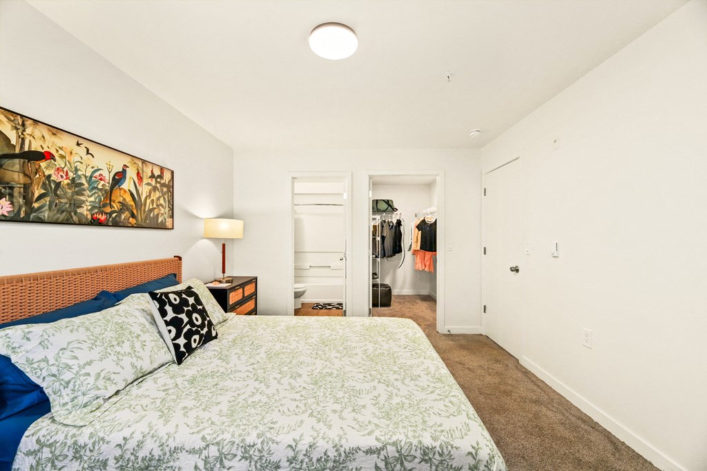 a bedroom with a bed and a closet