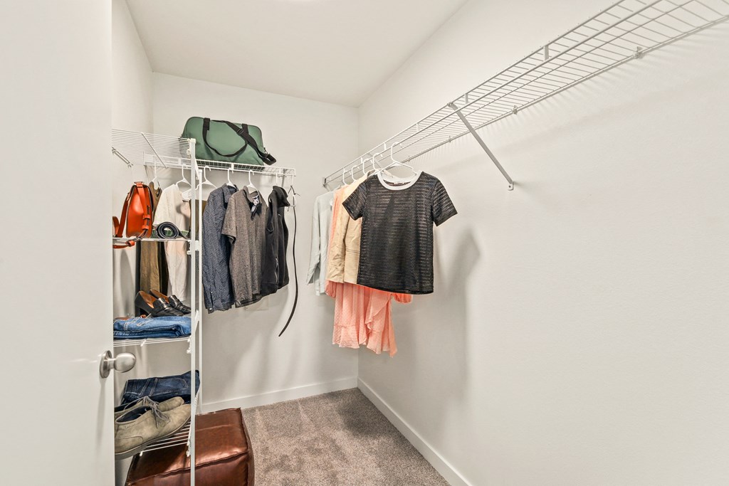 a walk in closet with clothes hanging on a rack and a door to a wardrobe