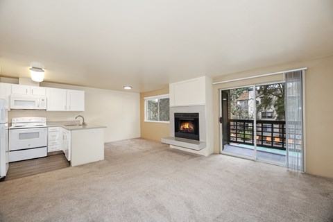 A living room with a fireplace and sliding glass doors.
