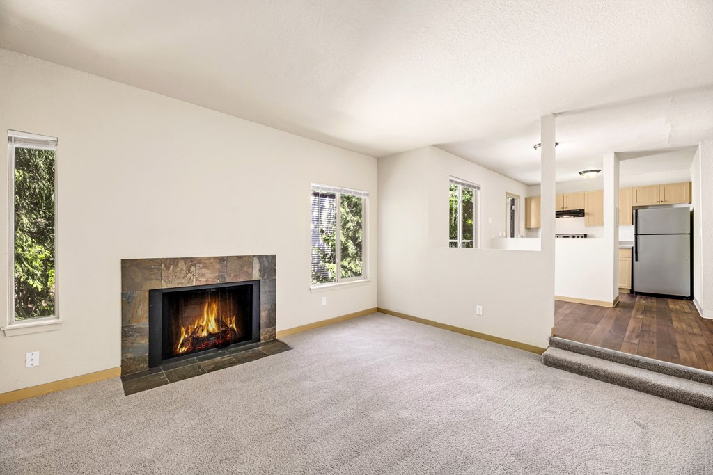 A living room with a fireplace and a television.