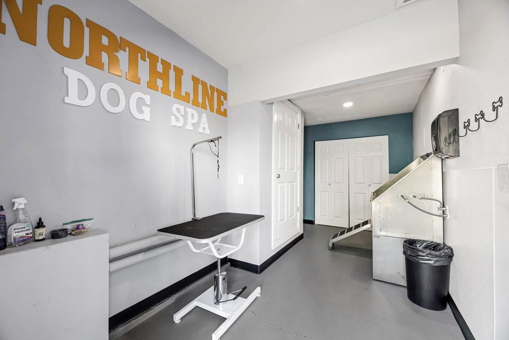 A dog grooming spa with a table and a black trash can.