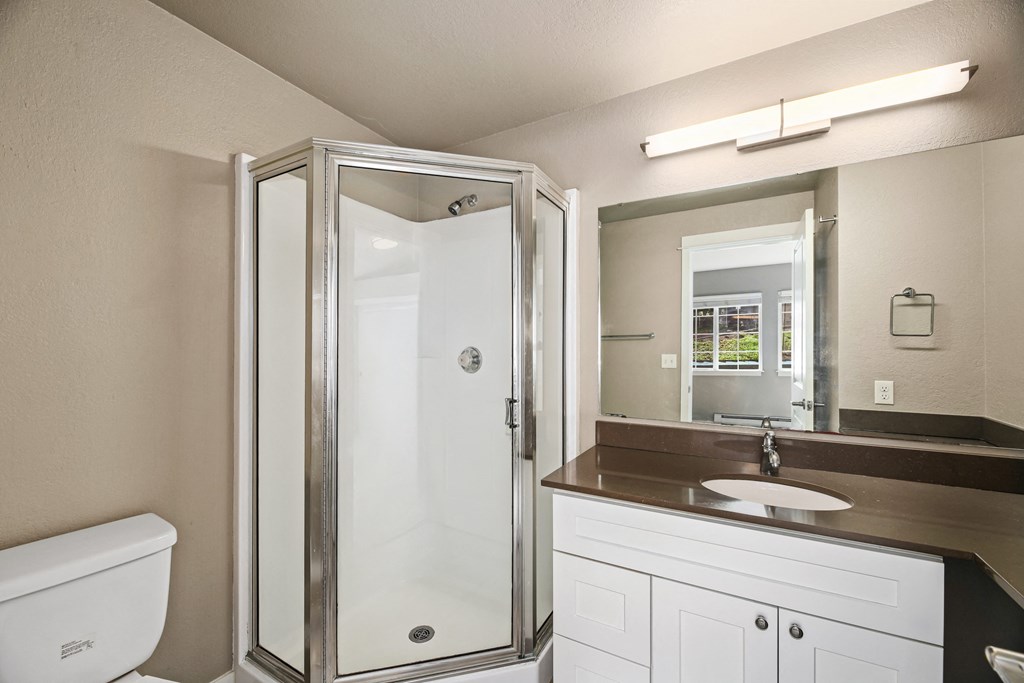 A bathroom with a white toilet, a brown countertop, and a shower with a glass door.