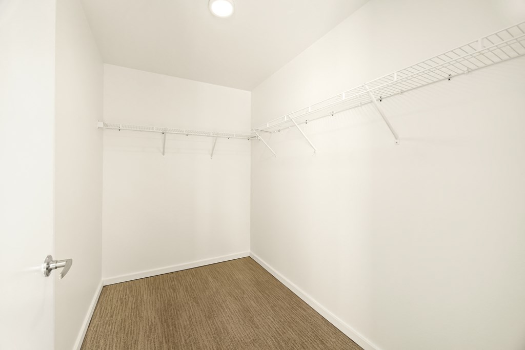A white closet with a wooden floor and a door.