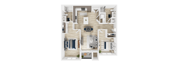 A top-down view of a small apartment with a kitchen, living room, and bathroom.